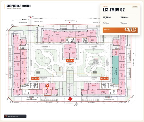 Shophouse khối đế Happy Home căn LC1-TMDV 02 — lô NOXH01, hướng Tây Nam, diện tích 75,48 m², đơn giá 58 triệu/m², khoảng 4,38 tỷ đã gồm VAT
