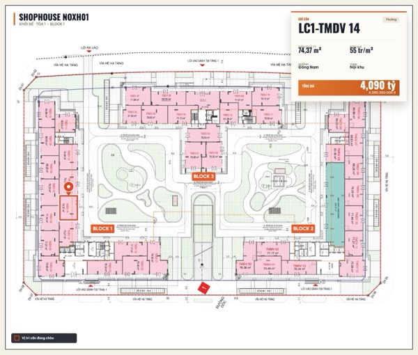 Shophouse khối đế Happy Home căn LC1-TMDV 14 — lô NOXH01, hướng Đông Nam, diện tích 74,37 m², đơn giá 55 triệu/m², khoảng 4,09 tỷ đã gồm VAT