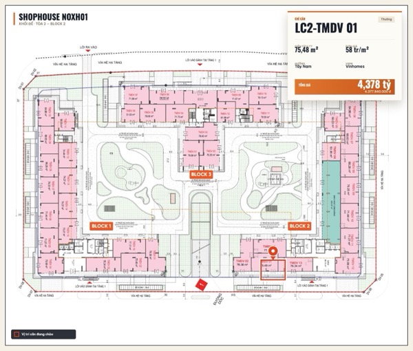 Shophouse khối đế Happy Home căn LC2-TMDV 01 — lô NOXH01, hướng Tây Nam, diện tích 75,48 m², đơn giá 58 triệu/m², khoảng 4,38 tỷ đã gồm VAT