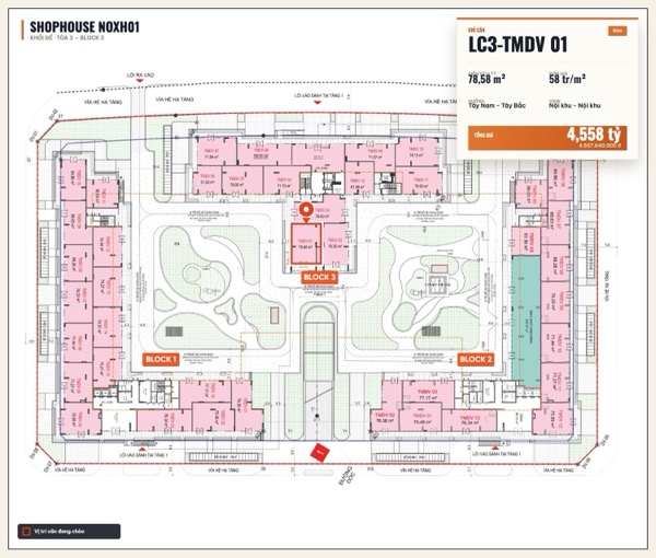 Shophouse khối đế Happy Home căn LC3-TMDV 01 — lô NOXH01, hướng Tây Nam - Tây Bắc, căn góc, diện tích 78,58 m², đơn giá 58 triệu/m², khoảng 4,56 tỷ đã gồm VAT