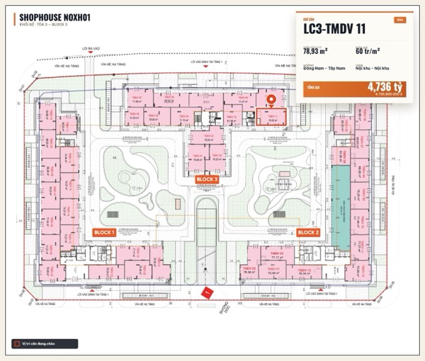 Shophouse khối đế Happy Home căn LC3-TMDV 11 — lô NOXH01, hướng Đông Nam - Tây Nam, căn góc, diện tích 78,93 m², đơn giá 60 triệu/m², khoảng 4,74 tỷ đã gồm VAT