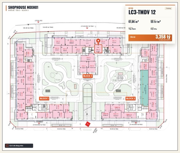 Shophouse khối đế Happy Home căn LC3-TMDV 12 — lô NOXH01, hướng Tây Nam, diện tích 61,06 m², đơn giá 55 triệu/m², khoảng 3,36 tỷ đã gồm VAT