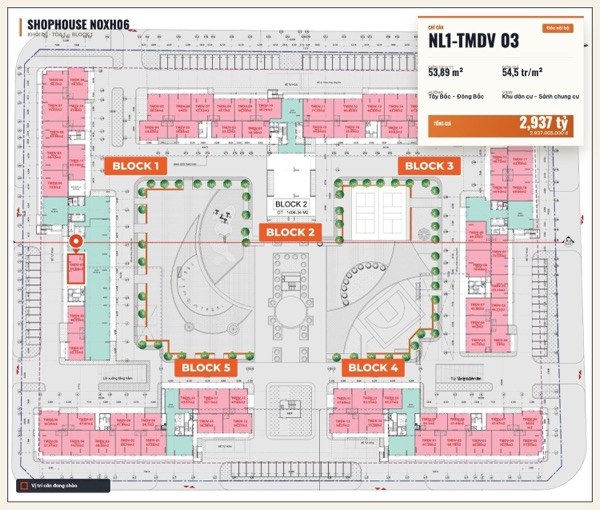 Shophouse khối đế Happy Home căn NL1-TMDV 03 — lô NOXH06, hướng Tây Bắc - Đông Bắc, căn góc, diện tích 53,89 m², đơn giá 54,5 triệu/m², khoảng 2,94 tỷ đã gồm VAT