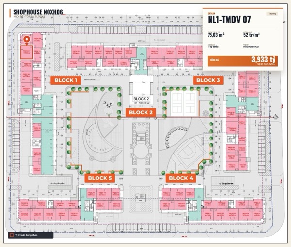 Shophouse khối đế Happy Home căn NL1-TMDV 07 — lô NOXH06, hướng Tây Bắc, diện tích 75,63 m², đơn giá 52 triệu/m², khoảng 3,93 tỷ đã gồm VAT