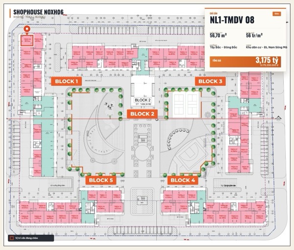 Shophouse khối đế Happy Home căn NL1-TMDV 08 — lô NOXH06, hướng Tây Bắc - Đông Bắc, căn góc, diện tích 56,7 m², đơn giá 56 triệu/m², khoảng 3,18 tỷ đã gồm VAT