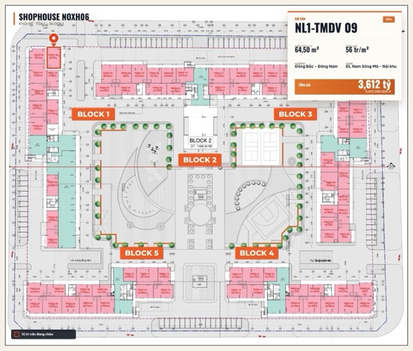Shophouse khối đế Happy Home căn NL1-TMDV 09 — lô NOXH06, hướng Đông Bắc - Đông Nam, căn góc, diện tích 64,5 m², đơn giá 56 triệu/m², khoảng 3,61 tỷ đã gồm VAT