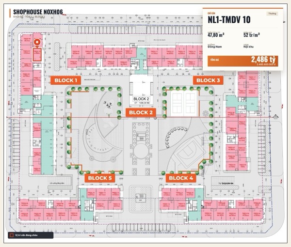 Shophouse khối đế Happy Home căn NL1-TMDV 10 — lô NOXH06, hướng Đông Nam, diện tích 47,8 m², đơn giá 52 triệu/m², khoảng 2,49 tỷ đã gồm VAT