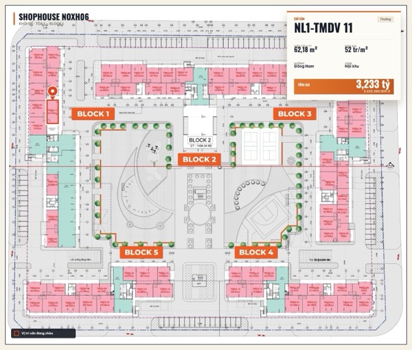 Shophouse khối đế Happy Home căn NL1-TMDV 11 — lô NOXH06, hướng Đông Nam, diện tích 62,18 m², đơn giá 52 triệu/m², khoảng 3,23 tỷ đã gồm VAT
