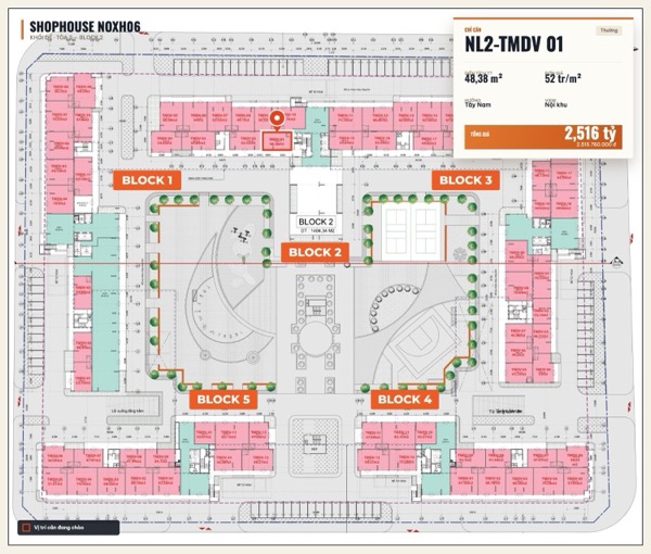 Shophouse khối đế Happy Home căn NL2-TMDV 01 — lô NOXH06, hướng Tây Nam, diện tích 48,38 m², đơn giá 52 triệu/m², khoảng 2,52 tỷ đã gồm VAT