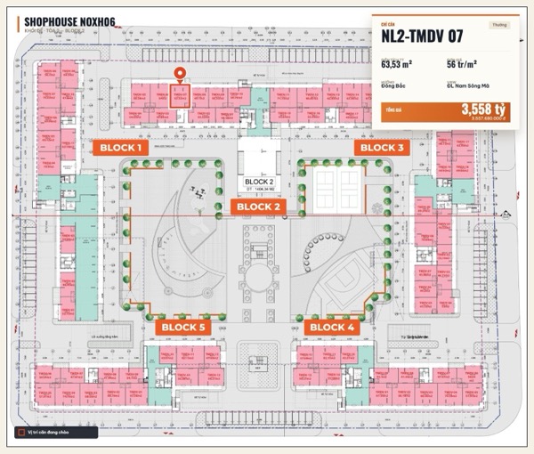 Shophouse khối đế Happy Home căn NL2-TMDV 07 — lô NOXH06, hướng Đông Bắc, diện tích 63,53 m², đơn giá 56 triệu/m², khoảng 3,56 tỷ đã gồm VAT