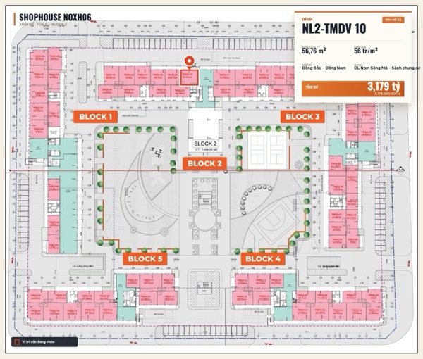 Shophouse khối đế Happy Home căn NL2-TMDV 10 — lô NOXH06, hướng Đông Bắc - Đông Nam, căn góc, diện tích 56,76 m², đơn giá 56 triệu/m², khoảng 3,18 tỷ đã gồm VAT