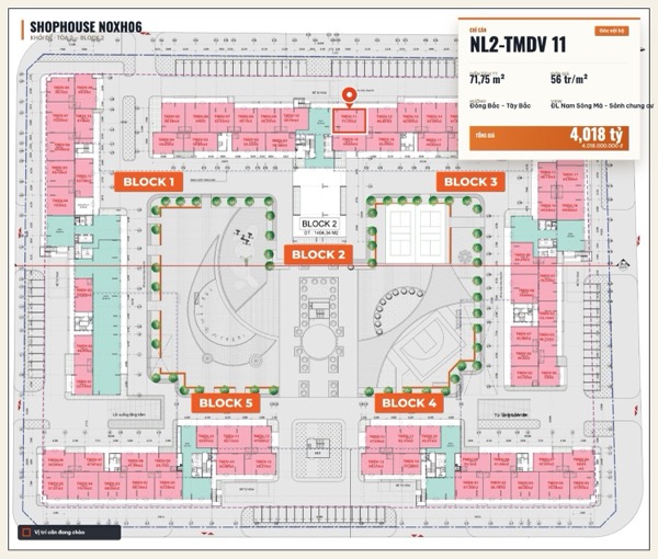 Shophouse khối đế Happy Home căn NL2-TMDV 11 — lô NOXH06, hướng Đông Bắc - Tây Bắc, căn góc, diện tích 71,75 m², đơn giá 56 triệu/m², khoảng 4,02 tỷ đã gồm VAT