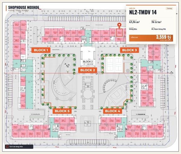 Shophouse khối đế Happy Home căn NL2-TMDV 14 — lô NOXH06, hướng Đông Bắc, diện tích 63,56 m², đơn giá 56 triệu/m², khoảng 3,56 tỷ đã gồm VAT
