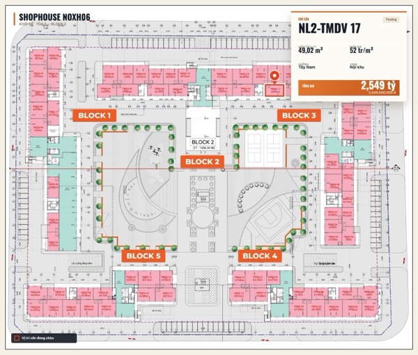 Shophouse khối đế Happy Home căn NL2-TMDV 17 — lô NOXH06, hướng Tây Nam, diện tích 49,02 m², đơn giá 52 triệu/m², khoảng 2,55 tỷ đã gồm VAT
