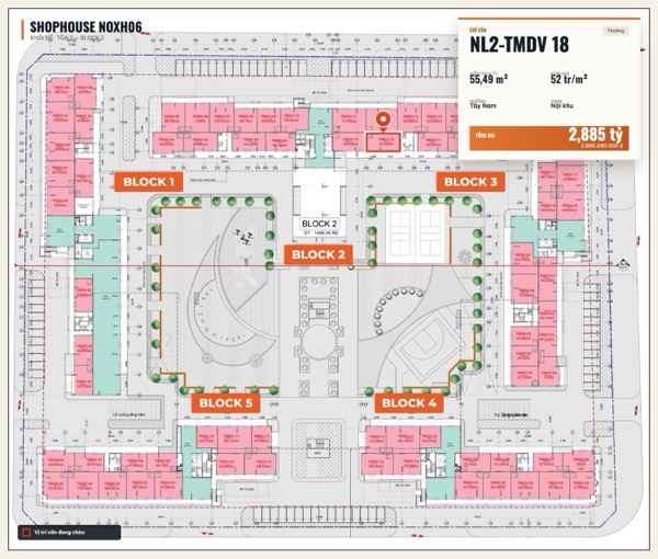 Shophouse khối đế Happy Home căn NL2-TMDV 18 — lô NOXH06, hướng Tây Nam, diện tích 55,49 m², đơn giá 52 triệu/m², khoảng 2,89 tỷ đã gồm VAT