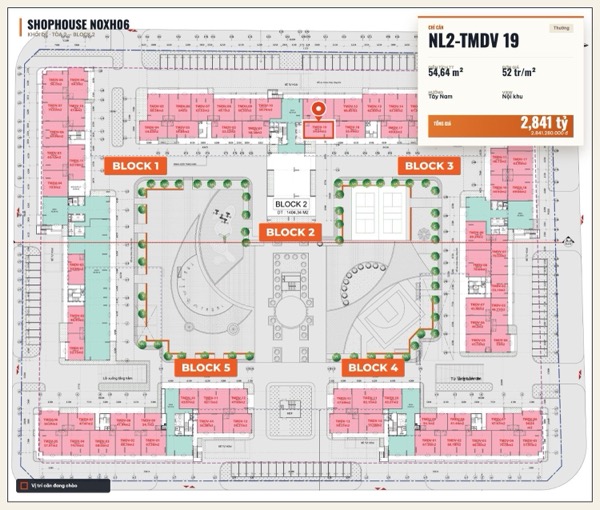 Shophouse khối đế Happy Home căn NL2-TMDV 19 — lô NOXH06, hướng Tây Nam, diện tích 54,64 m², đơn giá 52 triệu/m², khoảng 2,84 tỷ đã gồm VAT