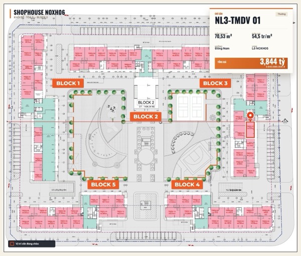 Shophouse khối đế Happy Home căn NL3-TMDV 01 — lô NOXH06, hướng Đông Nam, diện tích 70,53 m², đơn giá 54,5 triệu/m², khoảng 3,84 tỷ đã gồm VAT