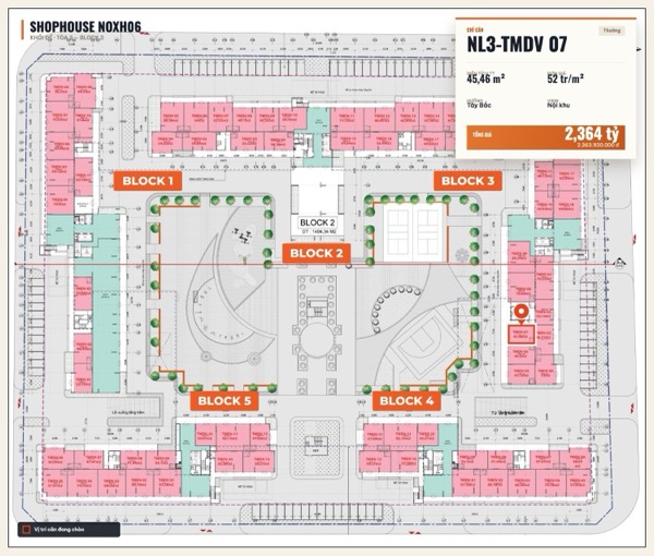 Shophouse khối đế Happy Home căn NL3-TMDV 07 — lô NOXH06, hướng Tây Bắc, diện tích 45,46 m², đơn giá 52 triệu/m², khoảng 2,36 tỷ đã gồm VAT