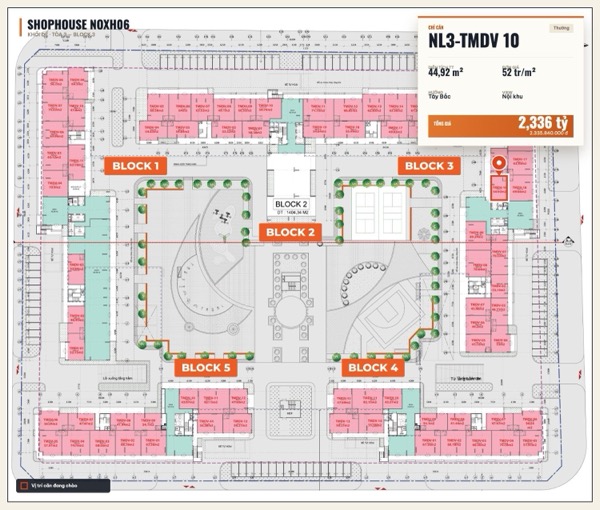 Shophouse khối đế Happy Home căn NL3-TMDV 10 — lô NOXH06, hướng Tây Bắc, diện tích 44,92 m², đơn giá 52 triệu/m², khoảng 2,34 tỷ đã gồm VAT