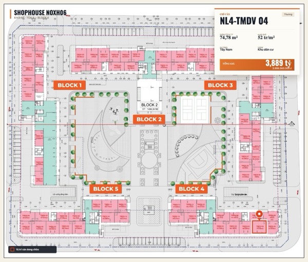 Shophouse khối đế Happy Home căn NL4-TMDV 04 — lô NOXH06, hướng Tây Nam, diện tích 74,78 m², đơn giá 52 triệu/m², khoảng 3,89 tỷ đã gồm VAT