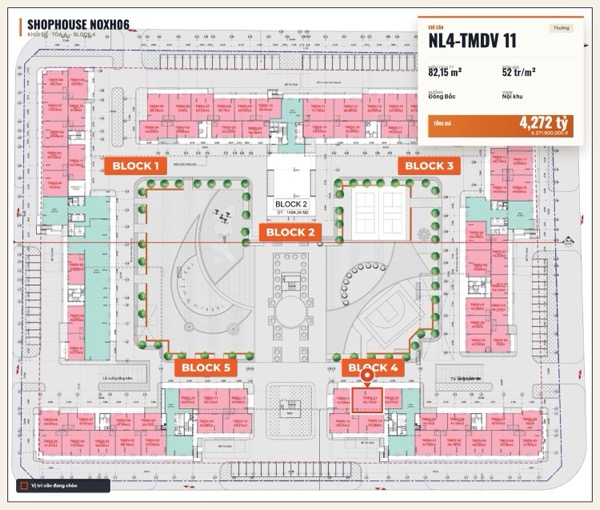 Shophouse khối đế Happy Home căn NL4-TMDV 11 — lô NOXH06, hướng Đông Bắc, diện tích 82,15 m², đơn giá 52 triệu/m², khoảng 4,27 tỷ đã gồm VAT