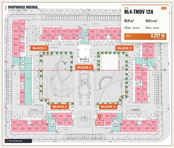Shophouse khối đế Happy Home căn NL4-TMDV 12A — lô NOXH06, hướng Tây Bắc - Tây Nam, căn góc, diện tích 59,21 m², đơn giá 54,5 triệu/m², khoảng 3,23 tỷ đã gồm VAT