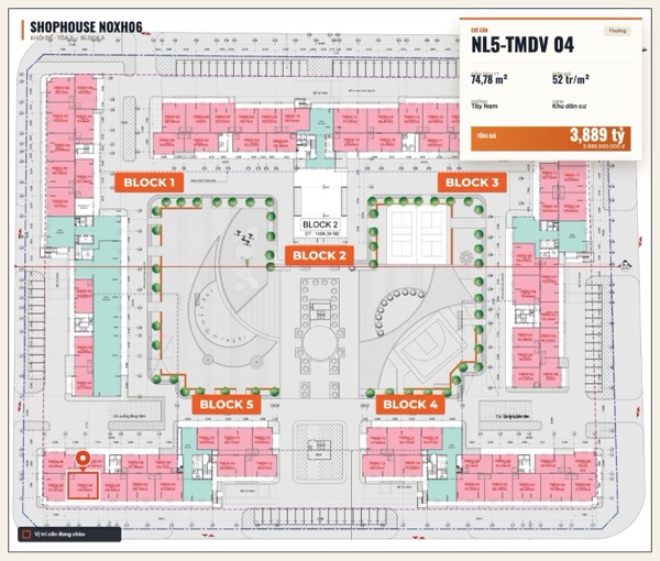 Shophouse khối đế Happy Home căn NL5-TMDV 04 — lô NOXH06, hướng Tây Nam, diện tích 74,78 m², đơn giá 52 triệu/m², khoảng 3,89 tỷ đã gồm VAT