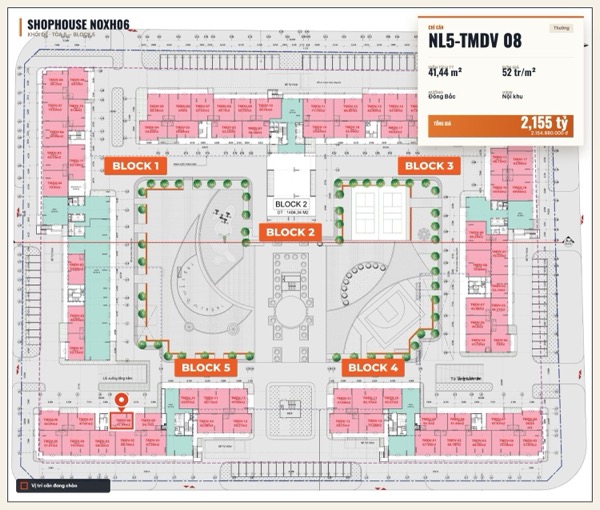 Shophouse khối đế Happy Home căn NL5-TMDV 08 — lô NOXH06, hướng Đông Bắc, diện tích 41,44 m², đơn giá 52 triệu/m², khoảng 2,15 tỷ đã gồm VAT