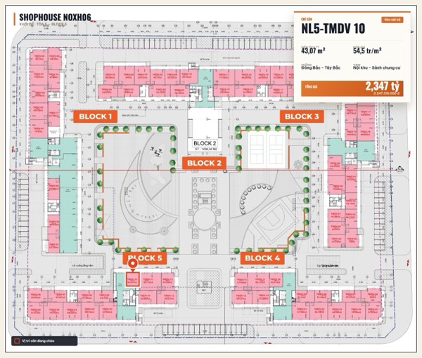 Shophouse khối đế Happy Home căn NL5-TMDV 10 — lô NOXH06, hướng Đông Bắc - Tây Bắc, căn góc, diện tích 43,07 m², đơn giá 54,5 triệu/m², khoảng 2,35 tỷ đã gồm VAT