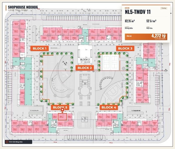 Shophouse khối đế Happy Home căn NL5-TMDV 11 — lô NOXH06, hướng Đông Bắc, diện tích 82,15 m², đơn giá 52 triệu/m², khoảng 4,27 tỷ đã gồm VAT