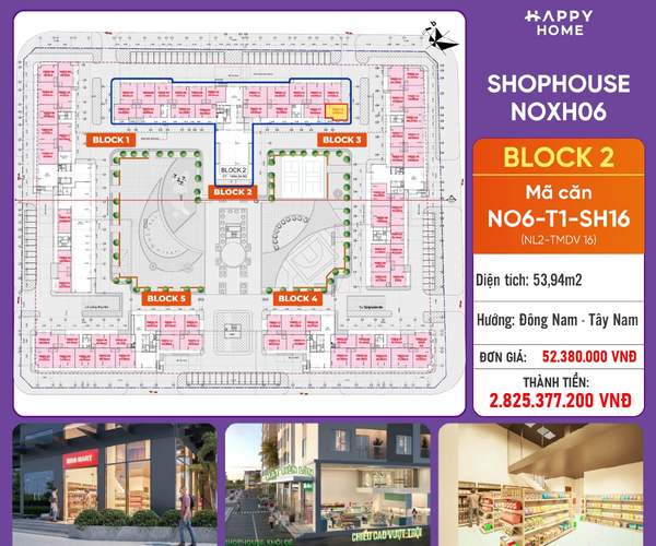 Shophouse khối đế Happy Home căn NO6-T2-SH16 — phân khu NOXH06, diện tích 53,94 m², đơn giá 52,4 triệu/m², khoảng 2,83 tỷ đã gồm VAT