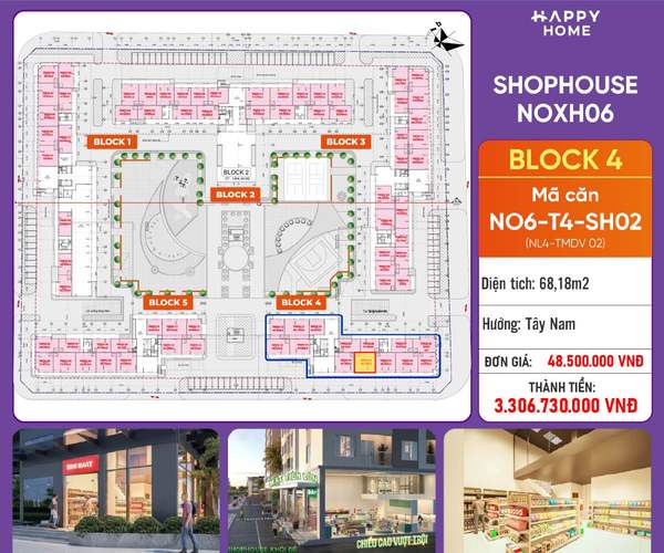 Shophouse khối đế Happy Home căn NO6-T4-SH02 — phân khu NOXH06, diện tích 68,18 m², đơn giá 48,5 triệu/m², khoảng 3,31 tỷ đã gồm VAT
