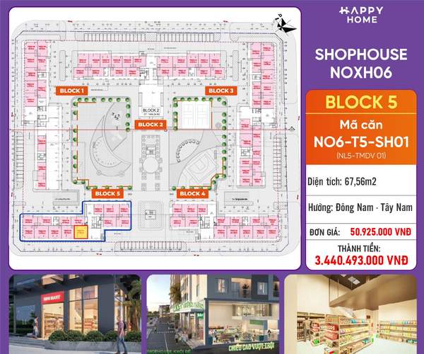 Shophouse khối đế Happy Home căn NO6-T5-SH01 — phân khu NOXH06, diện tích 67,56 m², đơn giá 50,9 triệu/m², khoảng 3,44 tỷ đã gồm VAT
