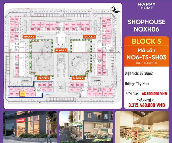 Shophouse khối đế Happy Home căn NO6-T5-SH03 — phân khu NOXH06, diện tích 68,36 m², đơn giá 48,5 triệu/m², khoảng 3,32 tỷ đã gồm VAT