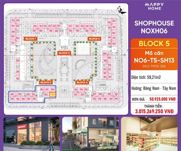 Shophouse khối đế Happy Home căn NO6-T5-SH13 — phân khu NOXH06, diện tích 59,21 m², đơn giá 50,9 triệu/m², khoảng 3,02 tỷ đã gồm VAT