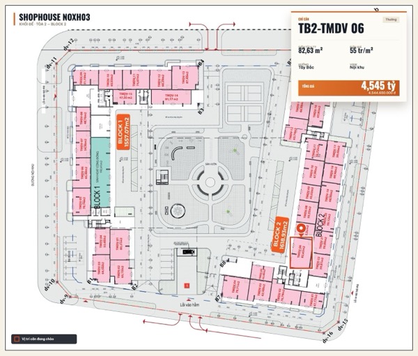 Shophouse khối đế Happy Home căn TB2-TMDV 06 — lô NOXH03, hướng Tây Bắc, diện tích 82,63 m², đơn giá 55 triệu/m², khoảng 4,54 tỷ đã gồm VAT