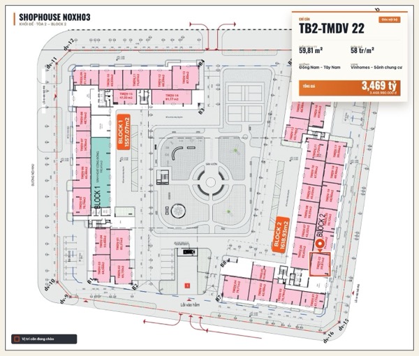 Shophouse khối đế Happy Home căn TB2-TMDV 22 — lô NOXH03, hướng Đông Nam - Tây Nam, căn góc, diện tích 59,81 m², đơn giá 58 triệu/m², khoảng 3,47 tỷ đã gồm VAT